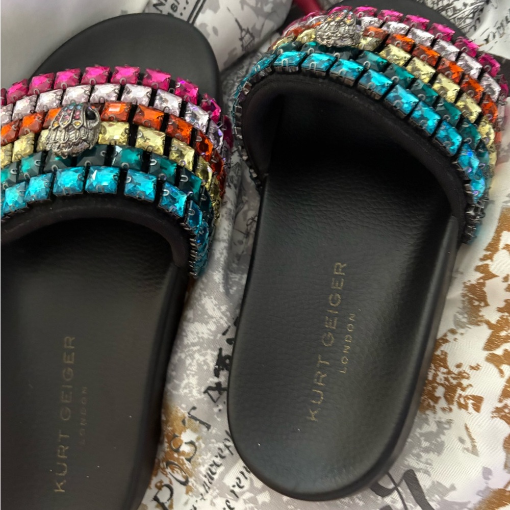 Kurt Geiger Black Slides with Multicolor Embellishments